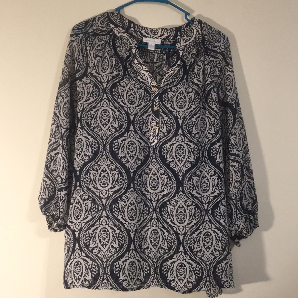 Blue and white sheer see through blouse